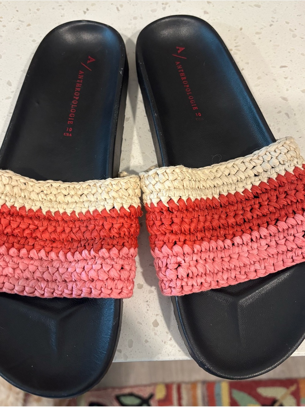 Anthropologie Coral, Pink & Cream Woven Slide Sandals
